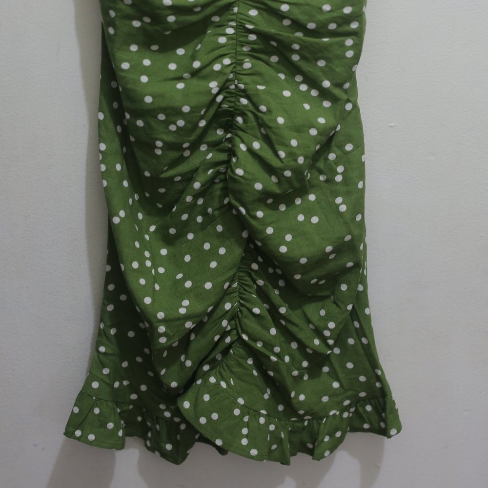 NTW Linen Blend Polka Dot Green Draped Dress. - Picture 4 of 6
